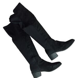 ROUGE 9!BLACK VEGAN LEATHER, STRETCH ELASTIC CHUNKY HEEL, TO THE KNEE BOOTS! 10M